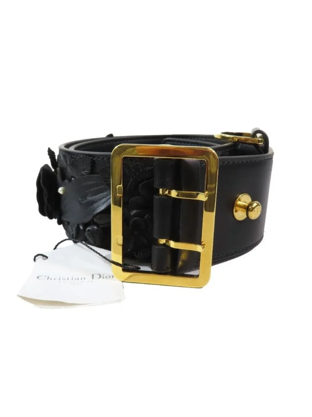 Dior Flower Motif Floral Pattern Decoration Leather Belt Black Gold